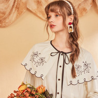 两三事梵高文艺 向阳素描 2025春季绣花布拼接绑带假两件衬衫女宽松 杏色 S