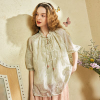两三事新中式衬衫女2025春季复古设计感白色七分袖上衣如梦令 米黄色-y L
