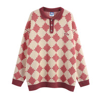 【F426店】国潮牌嘻哈春季四色棋盘格宽松休闲毛衣POLO 粉色 S