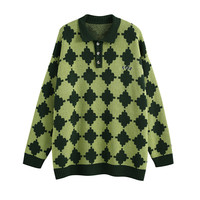 【F426店】国潮牌嘻哈春季四色棋盘格宽松休闲毛衣POLO 绿色 M