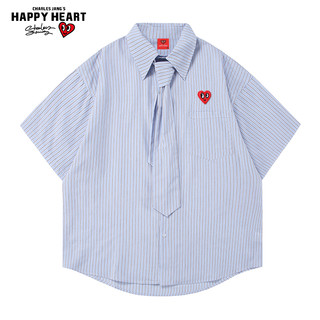 查尔斯桃心 CHARLES JANG'S HAPPY HEART 日系复古条纹短袖衬衫男夏季休闲宽松学院风情侣衬衣