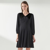 快乐屋 Happy House 孕妇蕾丝翻领裸感针织可哺乳连衣裙2025新款春装孕妇裙时尚