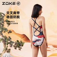 洲克女士高性能运动游泳连体三角泳衣zoke沙滩度假遮肚显瘦游泳衣 蓝红中国浪花 2XL