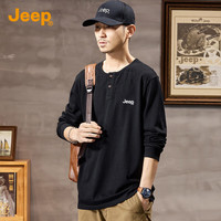 JEEP【100%棉】纯色简约卫衣男2025春季打底衫男休闲长袖T恤 M 黑色