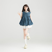 KEIKO 可甜可盐花苞形无袖上衣女25夏季蝴蝶结扎花轻薄牛仔背心 S