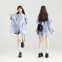 KEIKO 水墨晕染蝴蝶花短袖衬衫女25夏季仙灵轻纱拼接宽松雪纺上衣 M