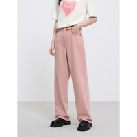 太平鸟女装牛仔裤复古高腰阔腿春季宽松直筒牛仔裤子女 粉色 M