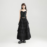 KEIKO层叠荷叶边黑色半身裙25夏季松紧高腰显瘦蛋糕裙A字长裙伞裙 L