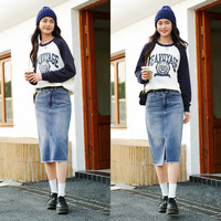 森马 Semir卫衣女中长款宽松拼色插肩袖春季做旧印花上衣复古潮酷学院风 白蓝色调00318 175/96A/XXL