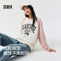 森马 Semir卫衣女中长款宽松拼色插肩袖春季做旧印花上衣复古潮酷学院风 白红色调00316 155/80A/S