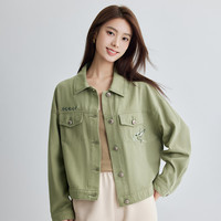 茵曼（INMAN）纯棉复古刺绣牛仔外套女2025春秋季时尚百搭宽松舒适短上衣 淡绿色 XL
