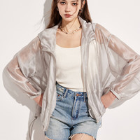 BASIC HOUSE/百家好轻氧通勤抽绳连帽外套女2025夏季宽松休闲开衫 牛仔蓝 L