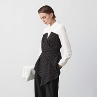 sdeer圣迪奥女装复古翻领撞色条纹拼接收腰衬衫S24180503 S/160