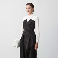 sdeer圣迪奥女装复古翻领撞色条纹拼接收腰衬衫S24180503 L/170