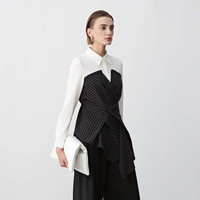 sdeer圣迪奥女装复古翻领撞色条纹拼接收腰衬衫S24180503 M/165