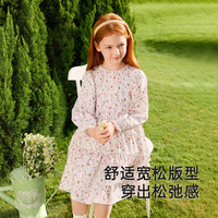 英氏女童裙子长袖春夏透气纯棉女宝碎花裙百搭2025儿童连衣裙 粉底印花