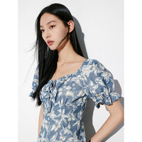 太平鸟女装新中式国风裙潮流宽松小黑裙时尚拼接连衣裙合集 蓝色纹样法式连衣裙 M