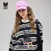 a02黑白条纹圆领卫衣女2025春季港风复古学院风猫咪上衣