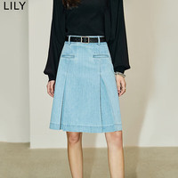 丽丽 LILY夏女装复古休闲设计感显瘦A字高腰天丝牛仔半身裙女 414蔚蓝 L