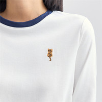 佐丹奴T恤女纯棉套头衫猫咪刺绣撞色圆领七分袖上衣05324798 16 皎白 XL