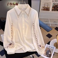 子牧棉麻2025春装 女民族风绣花长袖衬衫设计感时尚气质刺绣衬衣上衣0168 白色 L (110-120斤)