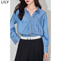 丽丽 LILY夏新款女装莱赛尔天丝含醋酸时尚绣花宽松垂坠感套头衬衫 419牛仔蓝