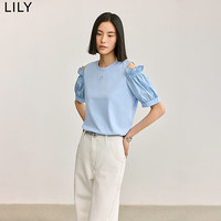 丽丽 LILY夏新款女装设计感镂空浪漫时尚休闲通勤百搭纯色舒适T恤 401