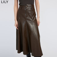 丽丽 LILY春女装美拉德穿搭别致不对称显瘦高腰A字PU皮半身裙 712褐色 L