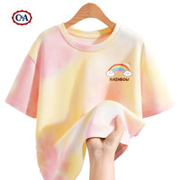 C&A女童短袖t恤2025夏季扎染洋气女孩半袖儿童上衣女 彩虹桥K黄粉 160