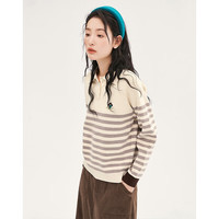 初语条纹毛衣女套头修身小个子POLO领宽松显瘦针织衫 杏白条 XL