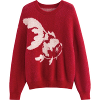 初语福运锦鲤毛衣新中式国风针织衫女2024年秋冬圆领宽松上衣 新年红 常规 M