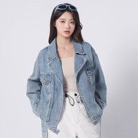 真维斯女装2025春季 女款港风复古宽松休闲宽松牛仔外套G8 蓝色8500 165/88A/L