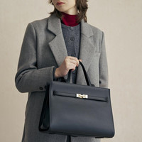 ELLE女包2025休闲手提包通勤凯莉包大容量托特包款单肩包 棕褐色