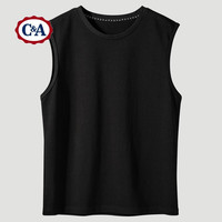 C&A无袖T恤男重磅纯棉宽肩坎袖纪念款背心加肥加大码T恤潮 黑色 S