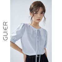 桂儿（guier）海盐汽水儿 蓝色短袖衬衫女2025夏季小众法式圆领上衣 浅绿色 L