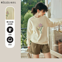 Olrain欧芮儿长袖圆领卫衣女初秋2024宽松立体手钩花套头上衣 杏色 M