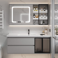 浴美优品实木浴室柜陶瓷一体盆卫生间洗手盆洗脸盆柜组合洗漱台镜柜 灰吊柜+陶瓷盆+普通镜柜80cm