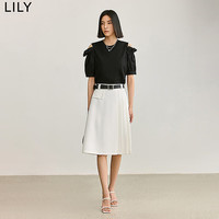 LILY夏新款女装设计感学院风通勤款高腰A字不对称百褶半身裙